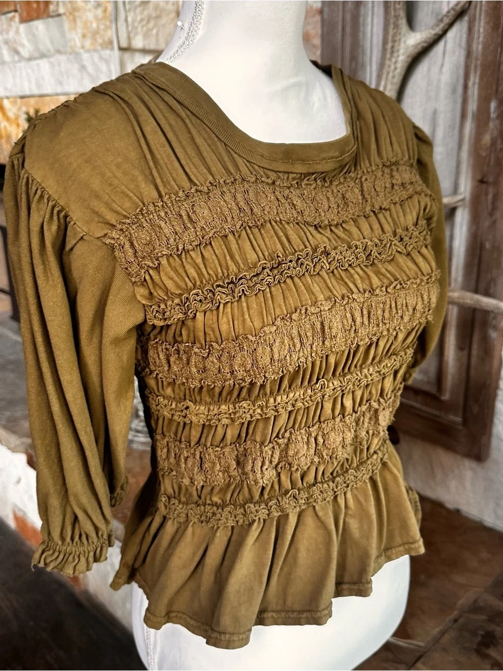 Free People Olive Smocked Long Sleeve Peasant Top Dress